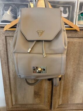 GUESS Soft Gray Pebbled Leather Mini Backpack with Silver Hardware